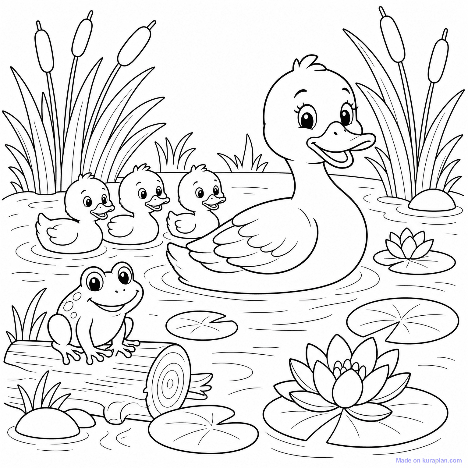 Duck Swimming in Pond — Coloring Page