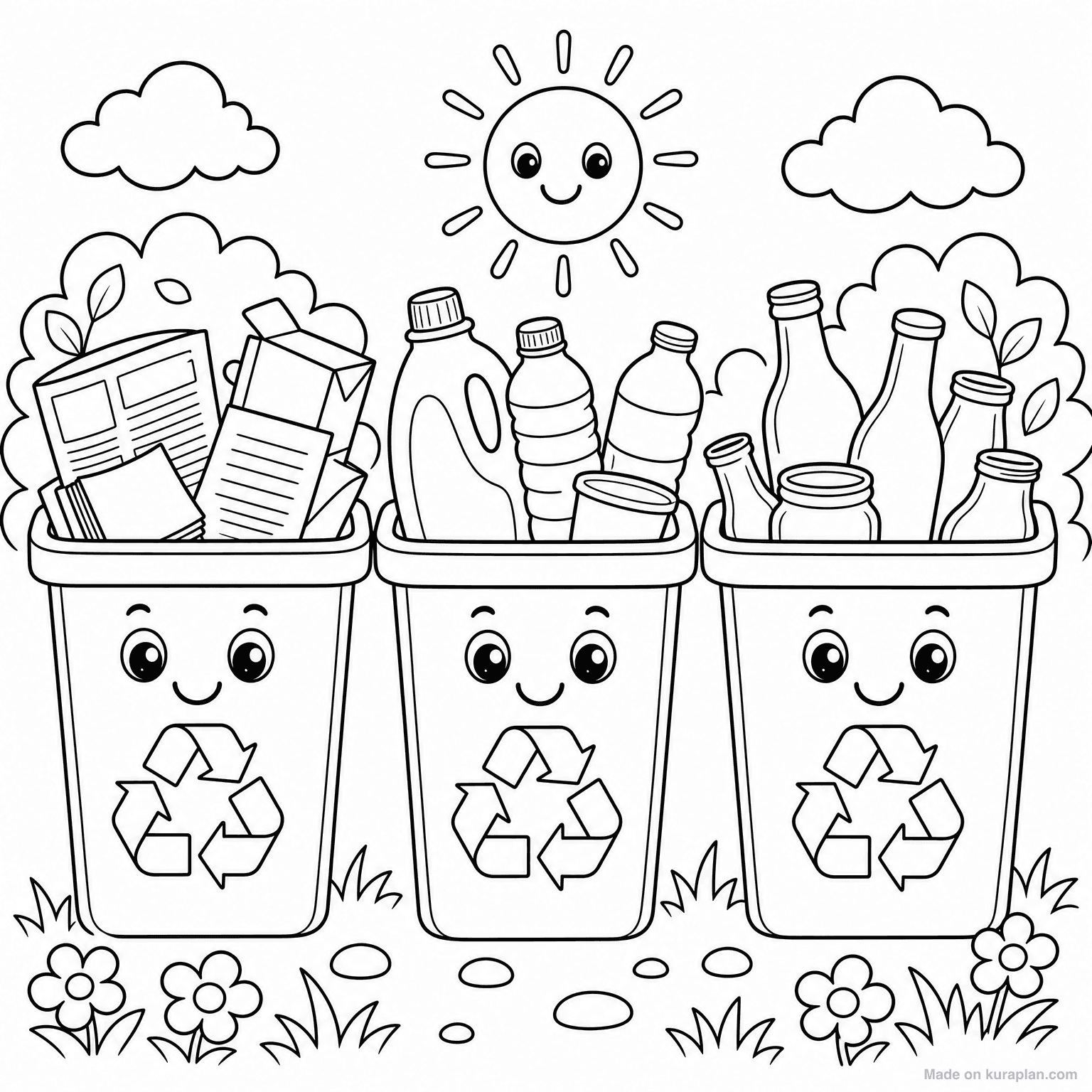 Recycling Bins Trio — Coloring Page