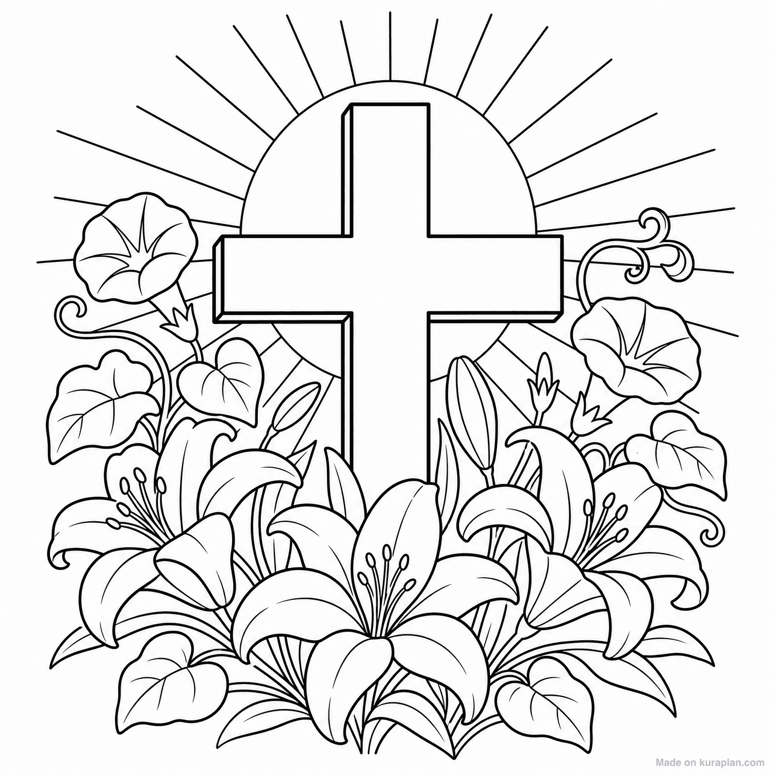 Easter Cross with Flowers — Coloring Page