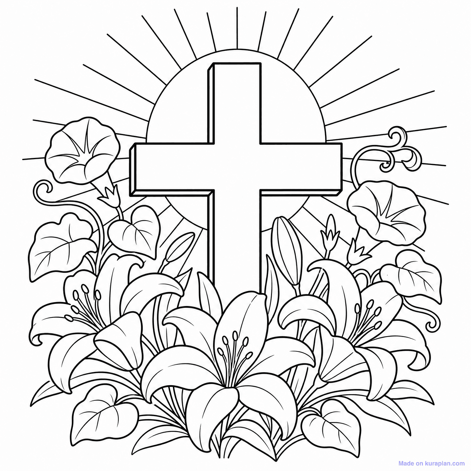 Easter Cross with Flowers — Coloring Page