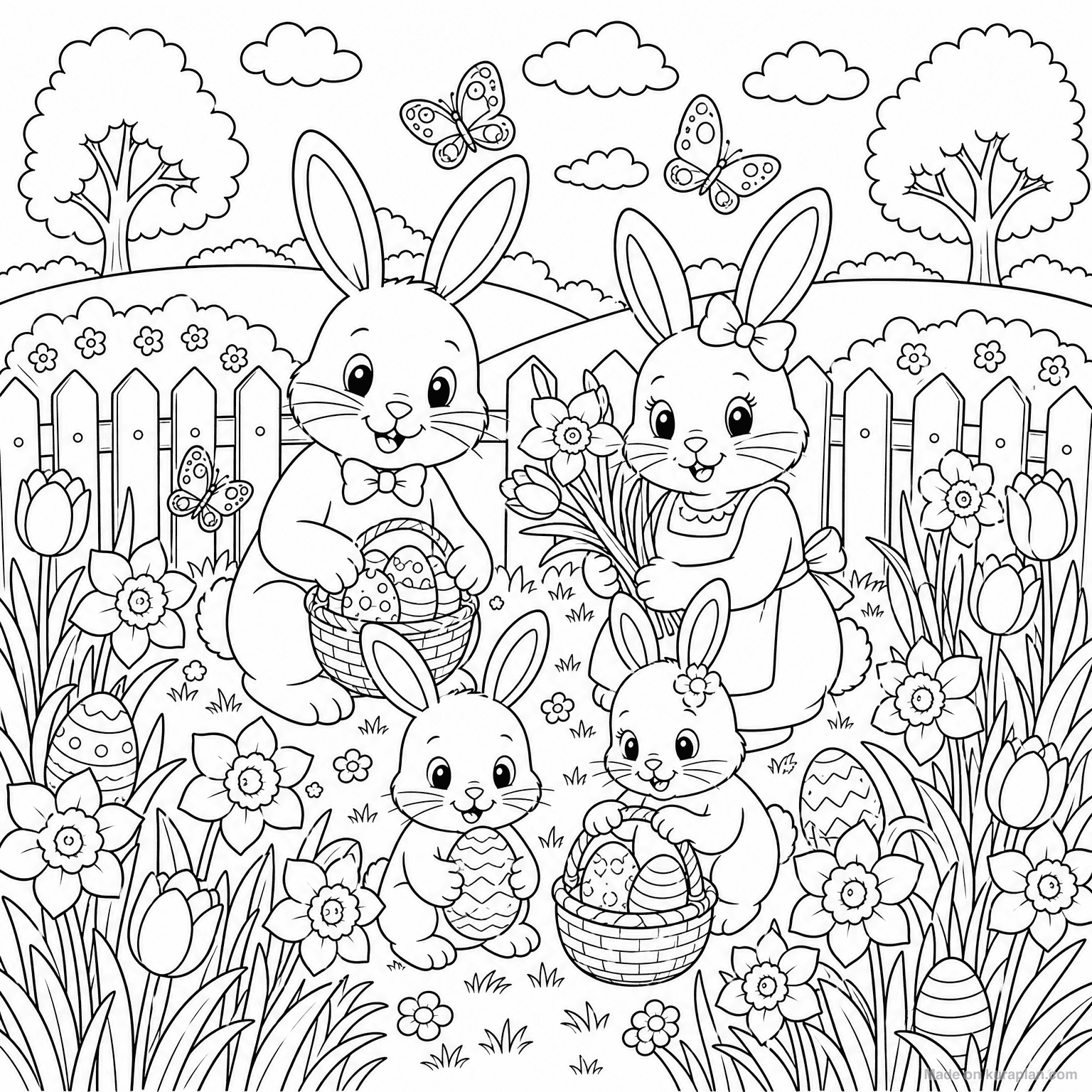Easter Garden Scene — Coloring Page
