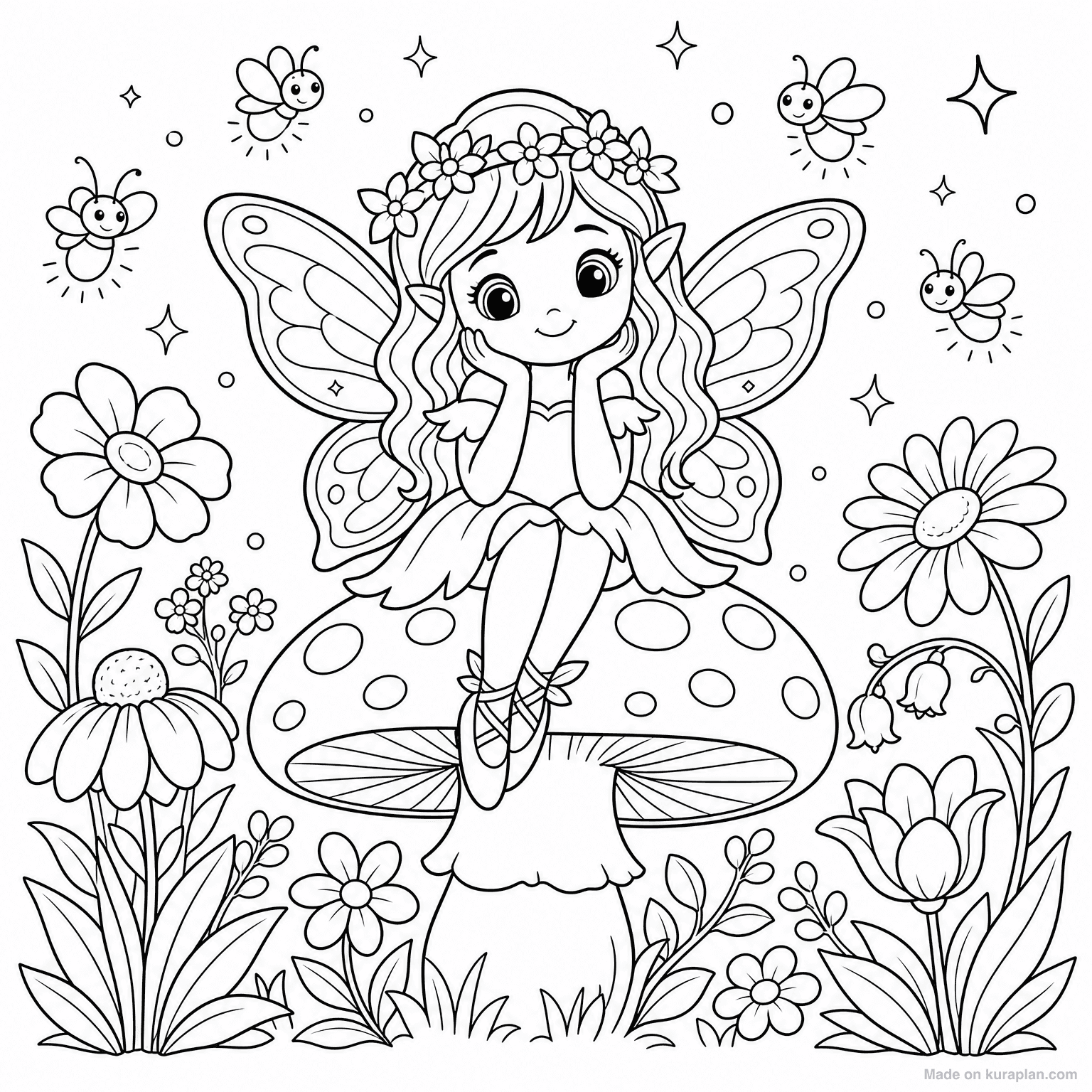 Fairy in Flower Garden — Coloring Page