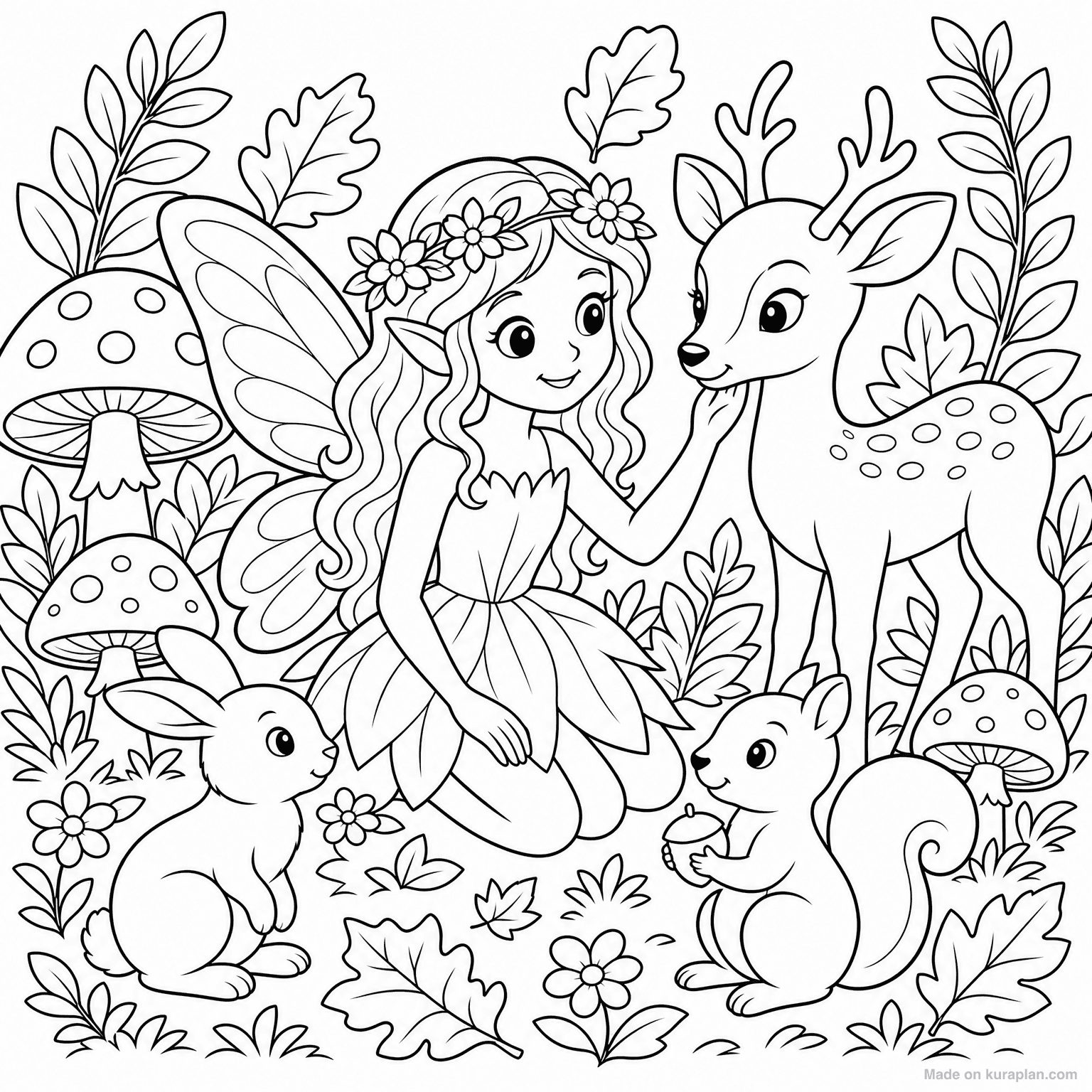 Woodland Fairy with Animals — Coloring Page