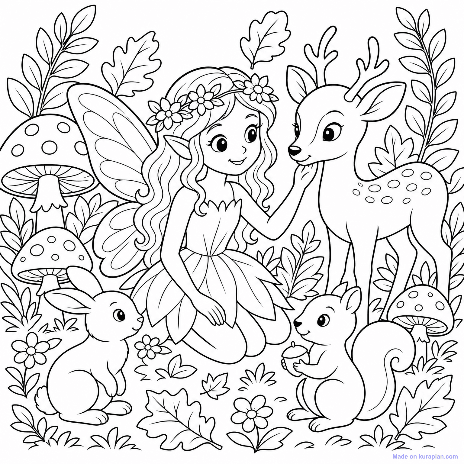Woodland Fairy with Animals — Coloring Page