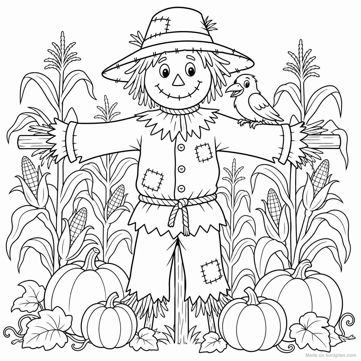 Friendly Scarecrow in Field — Coloring Page