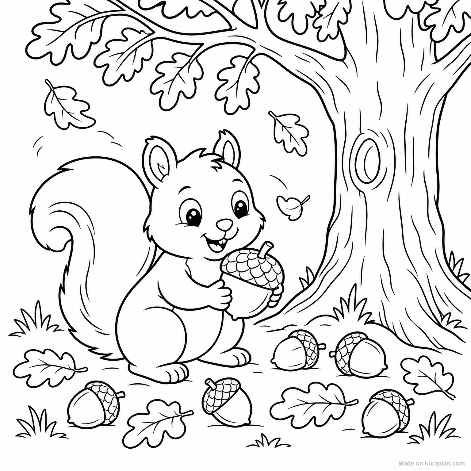 Squirrel Gathering Acorns — Coloring Page