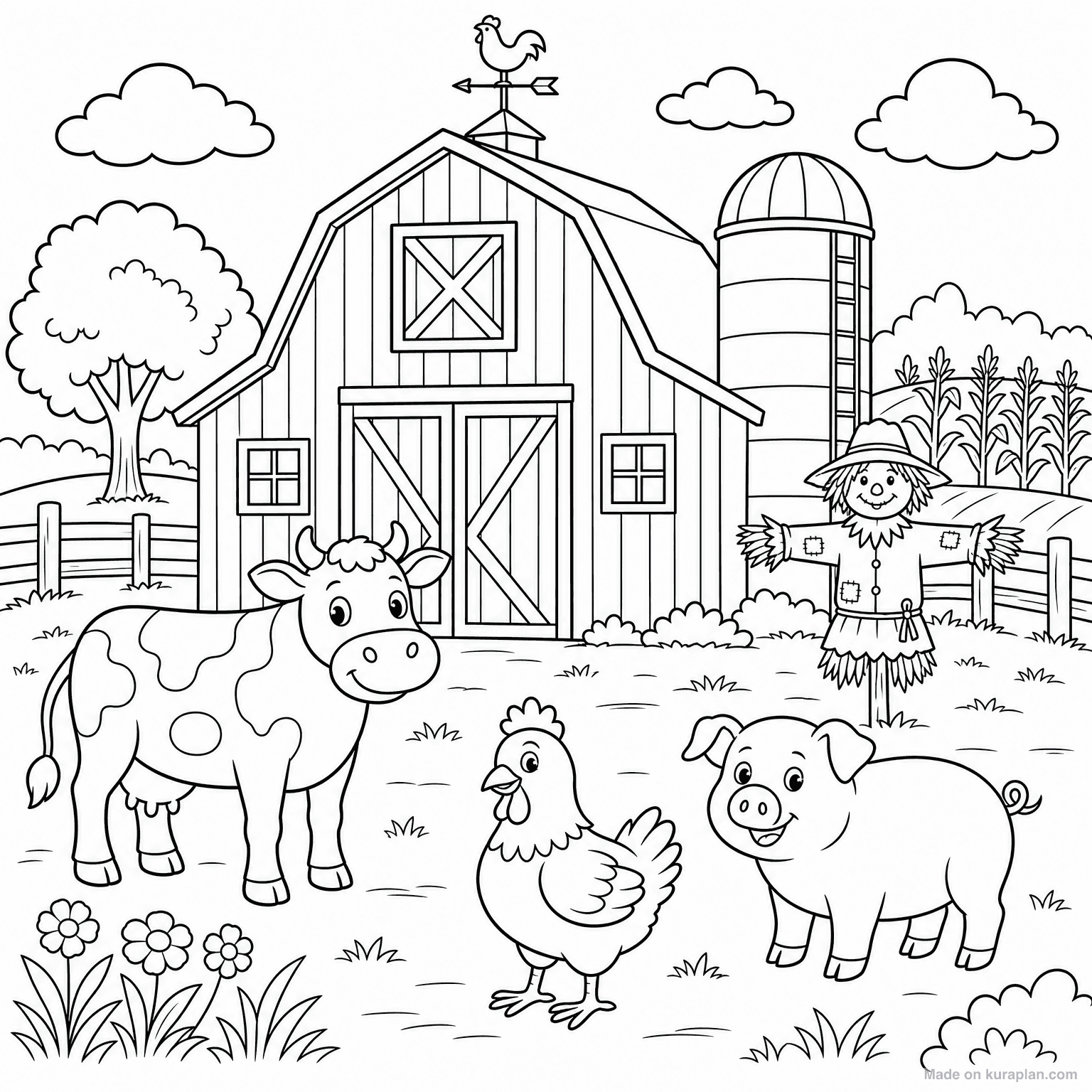 Red Barn with Animals — Coloring Page