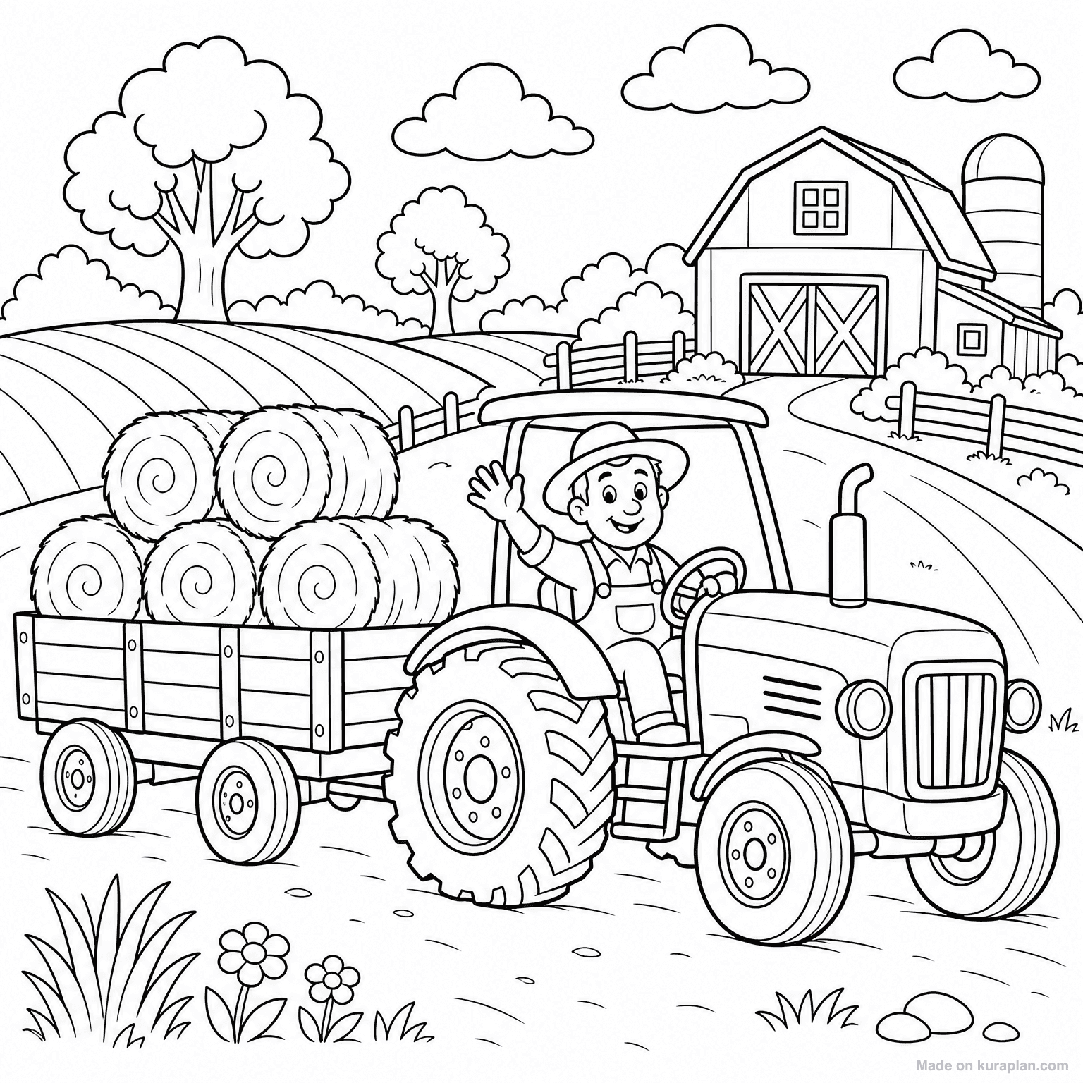 Farm Tractor with Trailer — Coloring Page