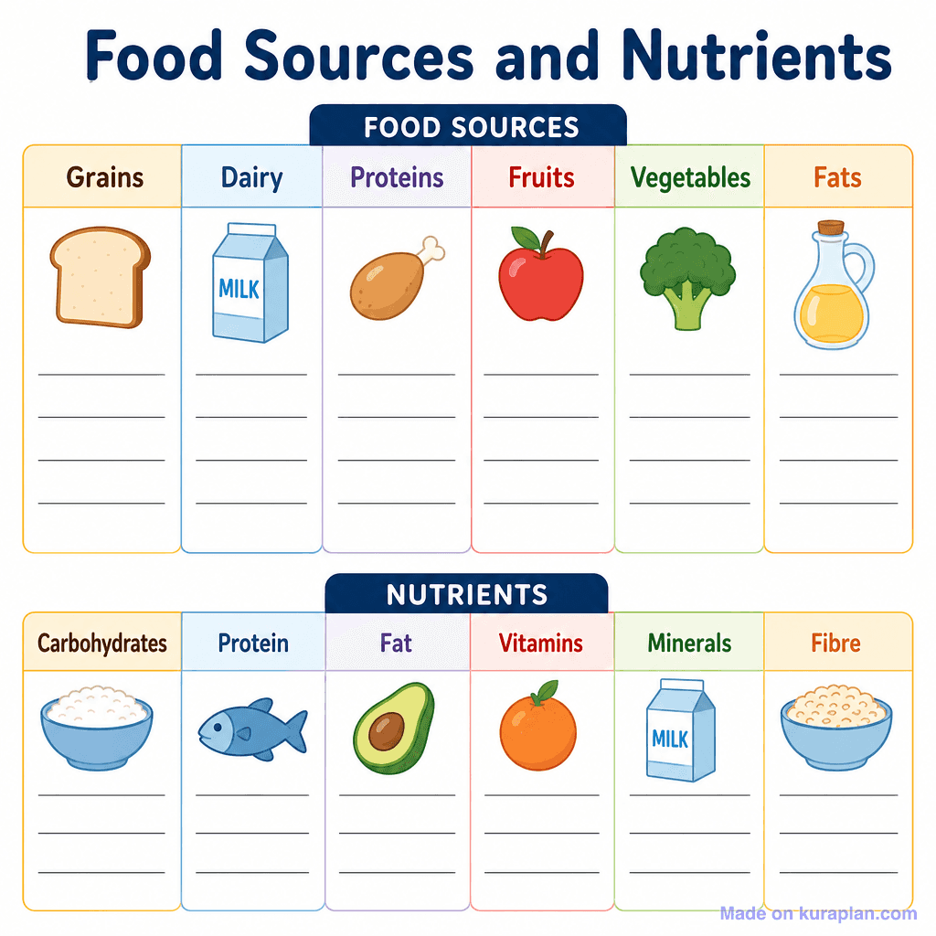 Food Sources and Nutrients (simple, unlabeled)