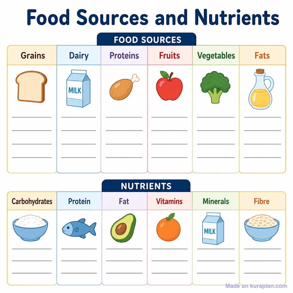 Food Sources and Nutrients (simple, unlabeled)