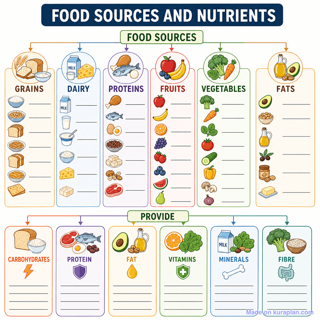 Food Sources and Nutrients (detailed, unlabeled)