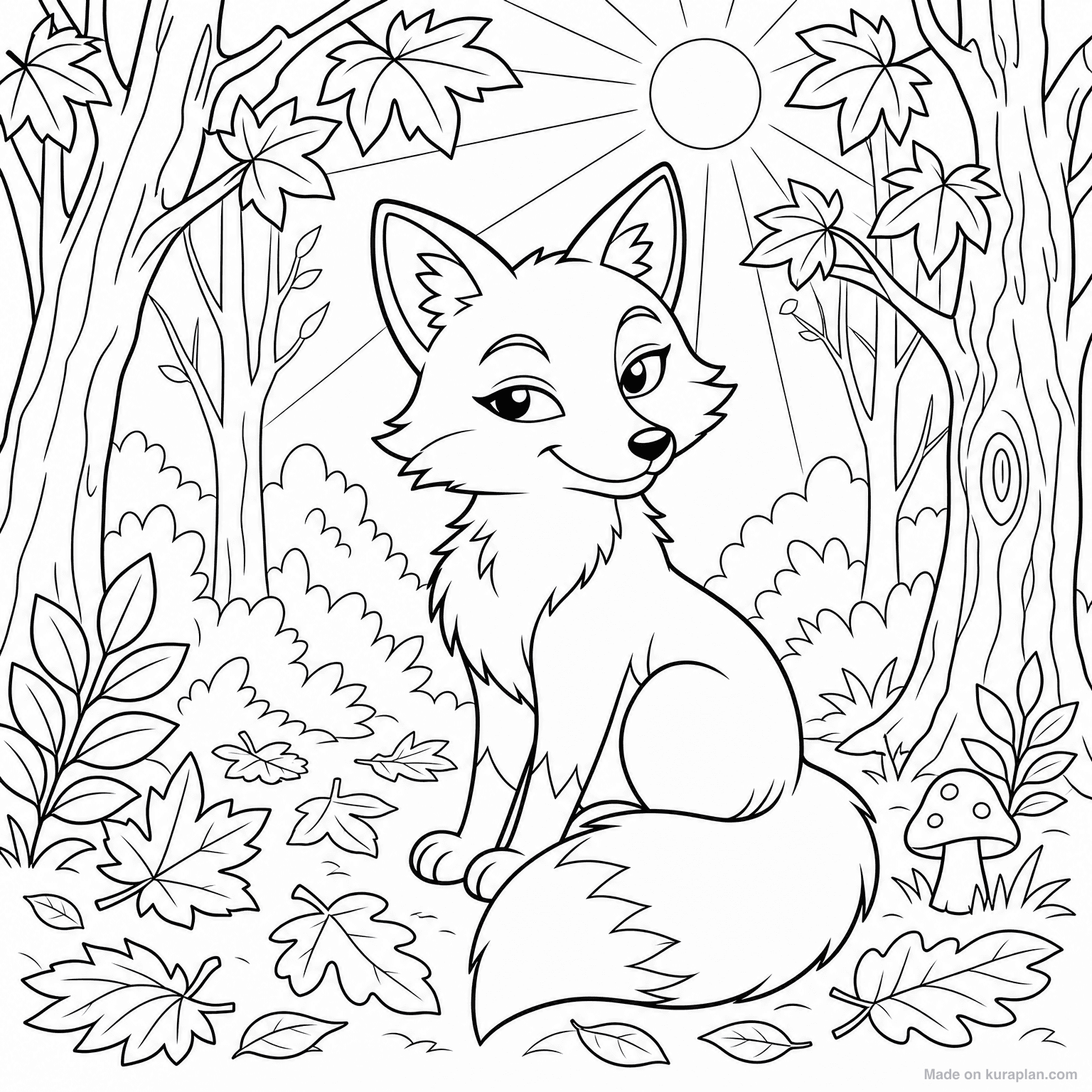 Red Fox in Forest — Coloring Page