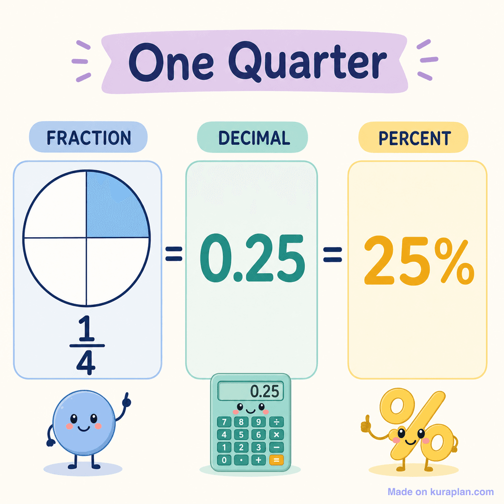 One quarter as fraction, decimal and percent