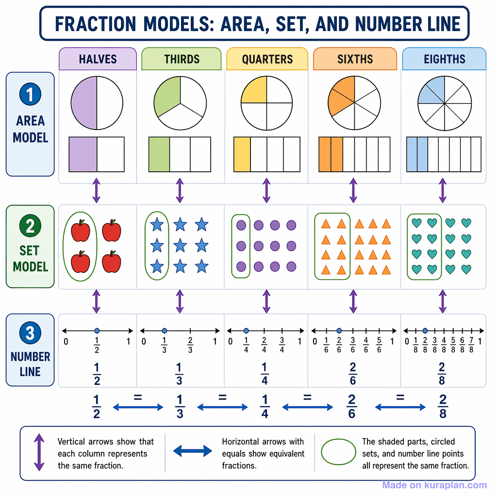 Fraction Models: Area, Set, and Number Line (detailed)