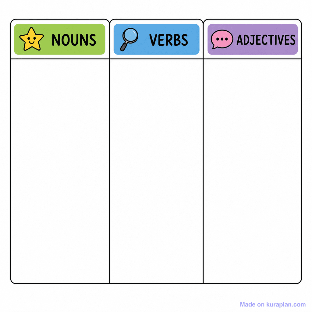 Grammar Noun Verb Adjective Sort Table