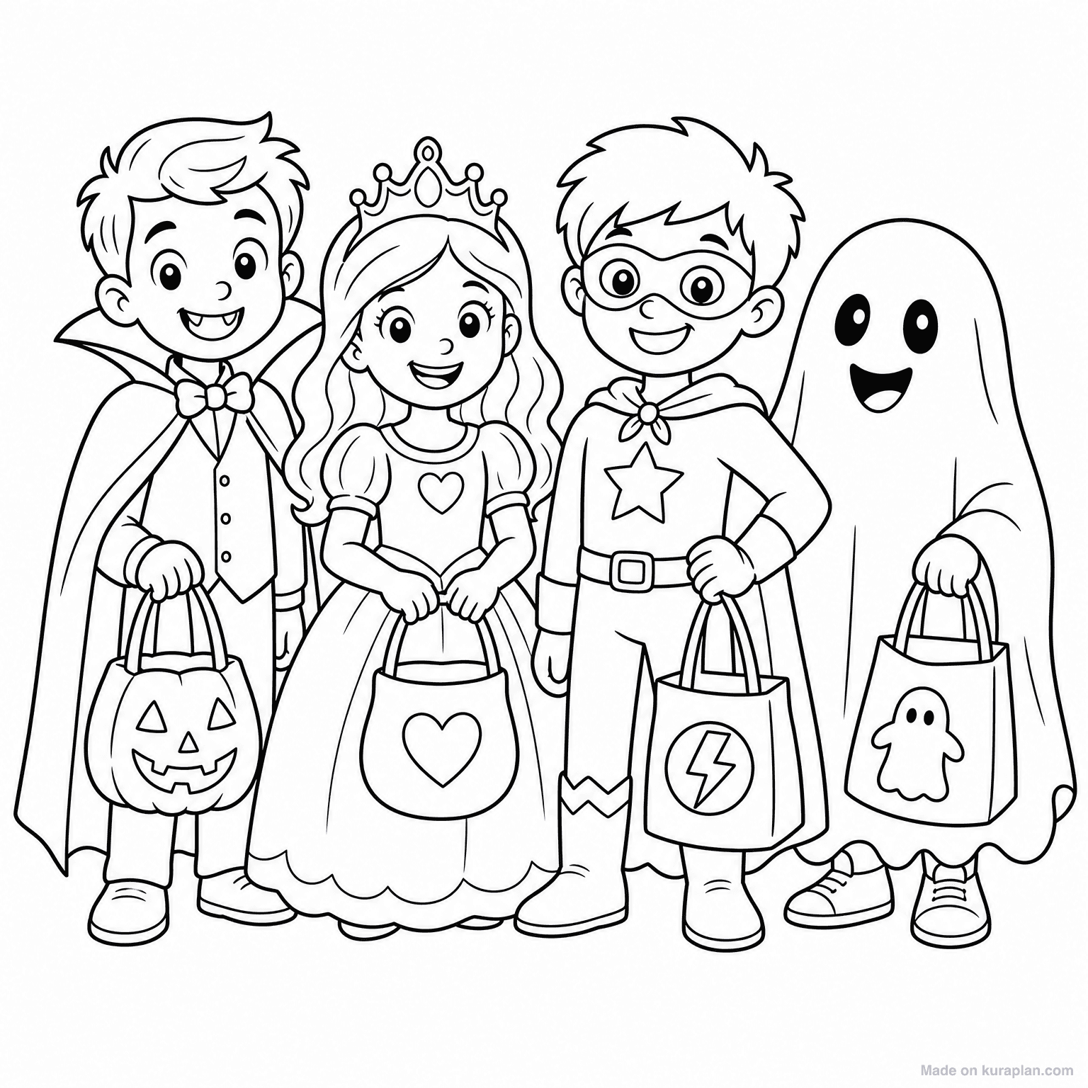 Kids in Halloween Costumes — Coloring Page