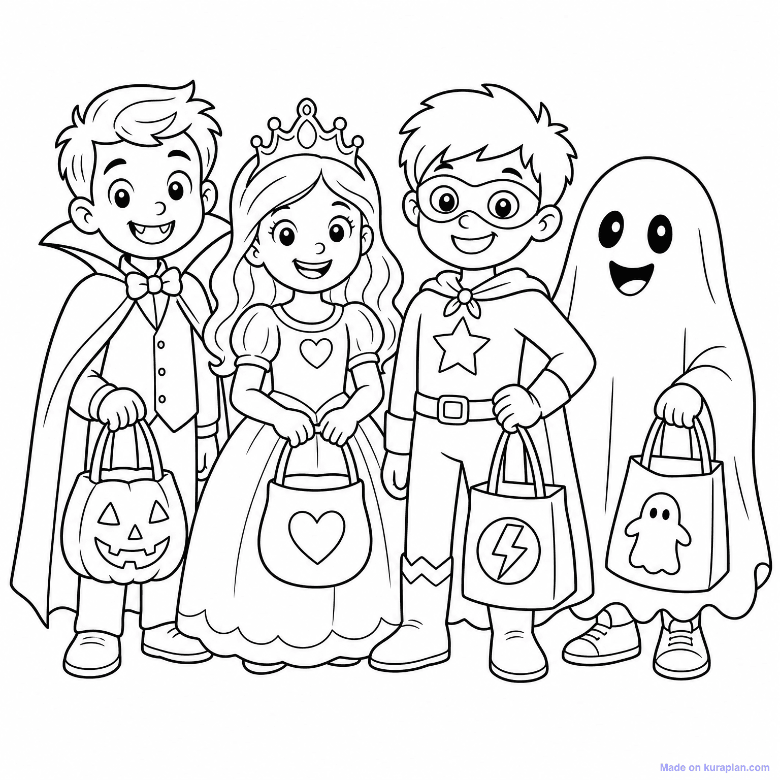 Kids in Halloween Costumes — Coloring Page