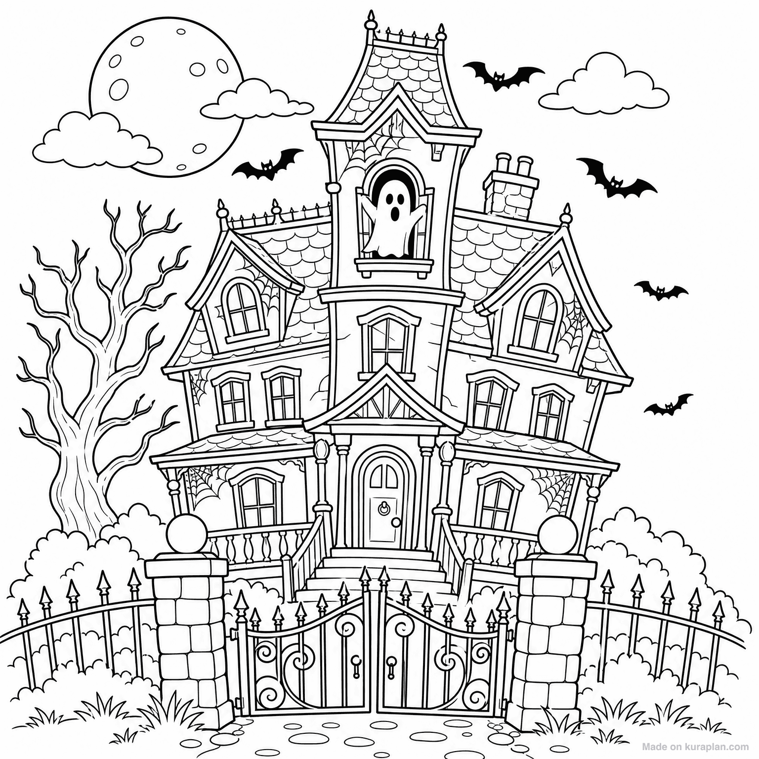 Haunted House at Night — Coloring Page