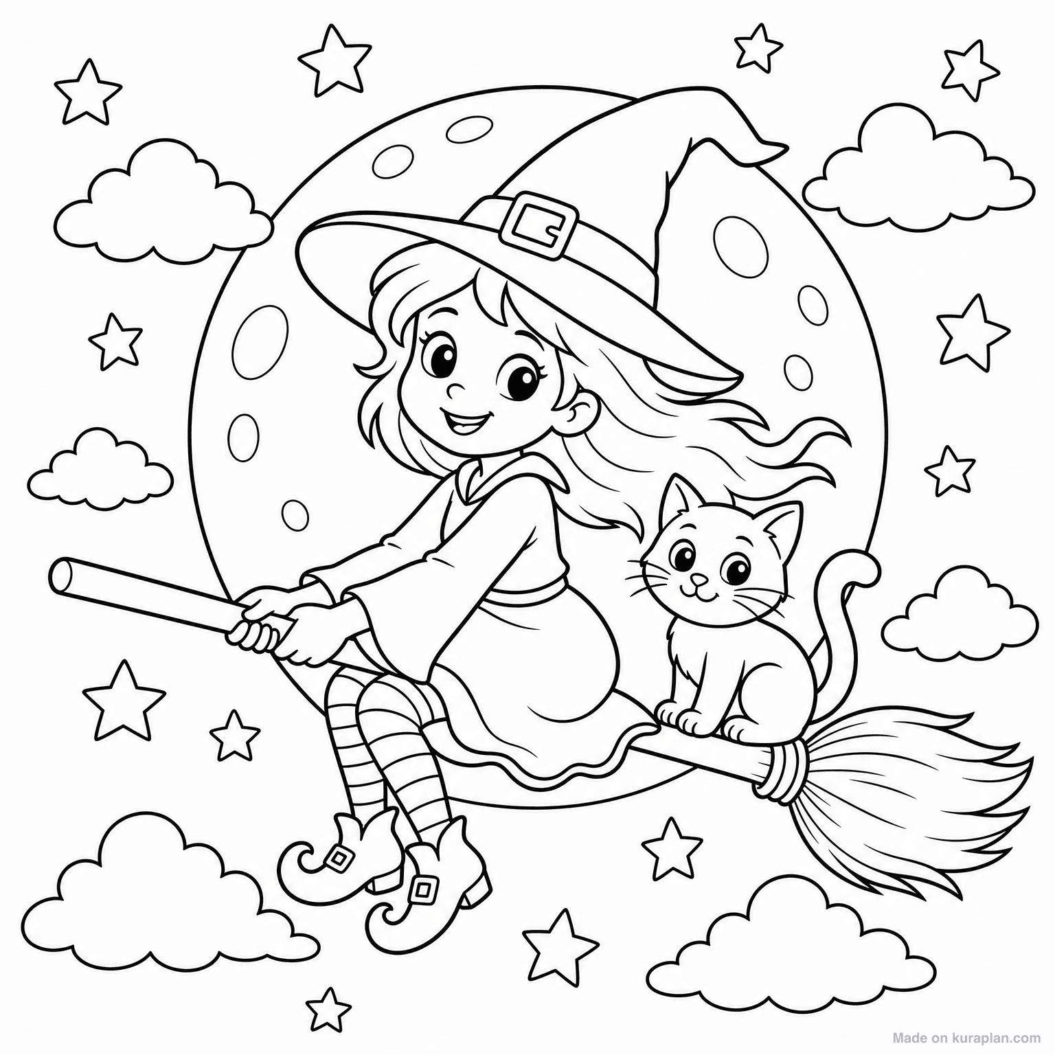 Witch on Broomstick — Coloring Page