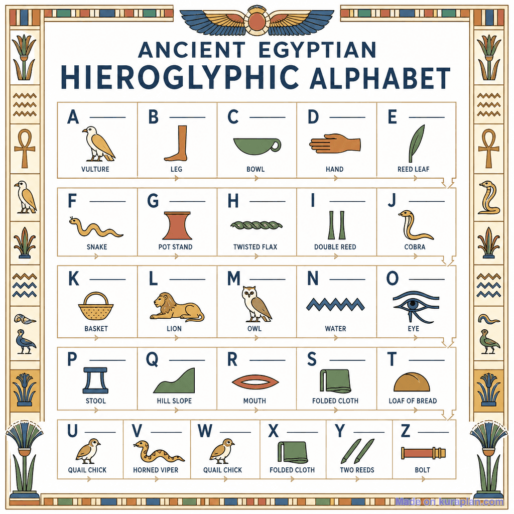 Ancient Egyptian Hieroglyphic Alphabet (detailed, unlabeled)