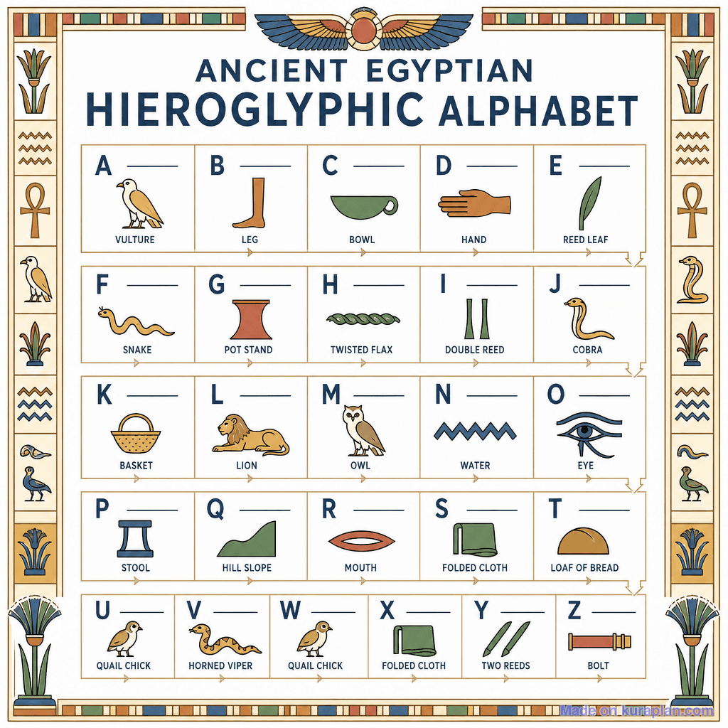Ancient Egyptian Hieroglyphic Alphabet (detailed, unlabeled)