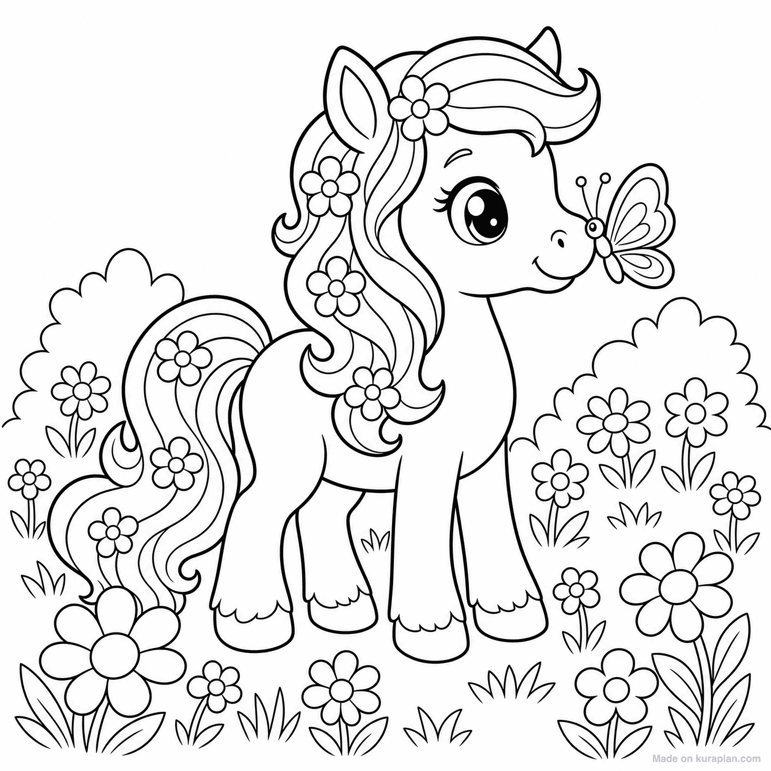 Cute Pony with Flowers — Coloring Page