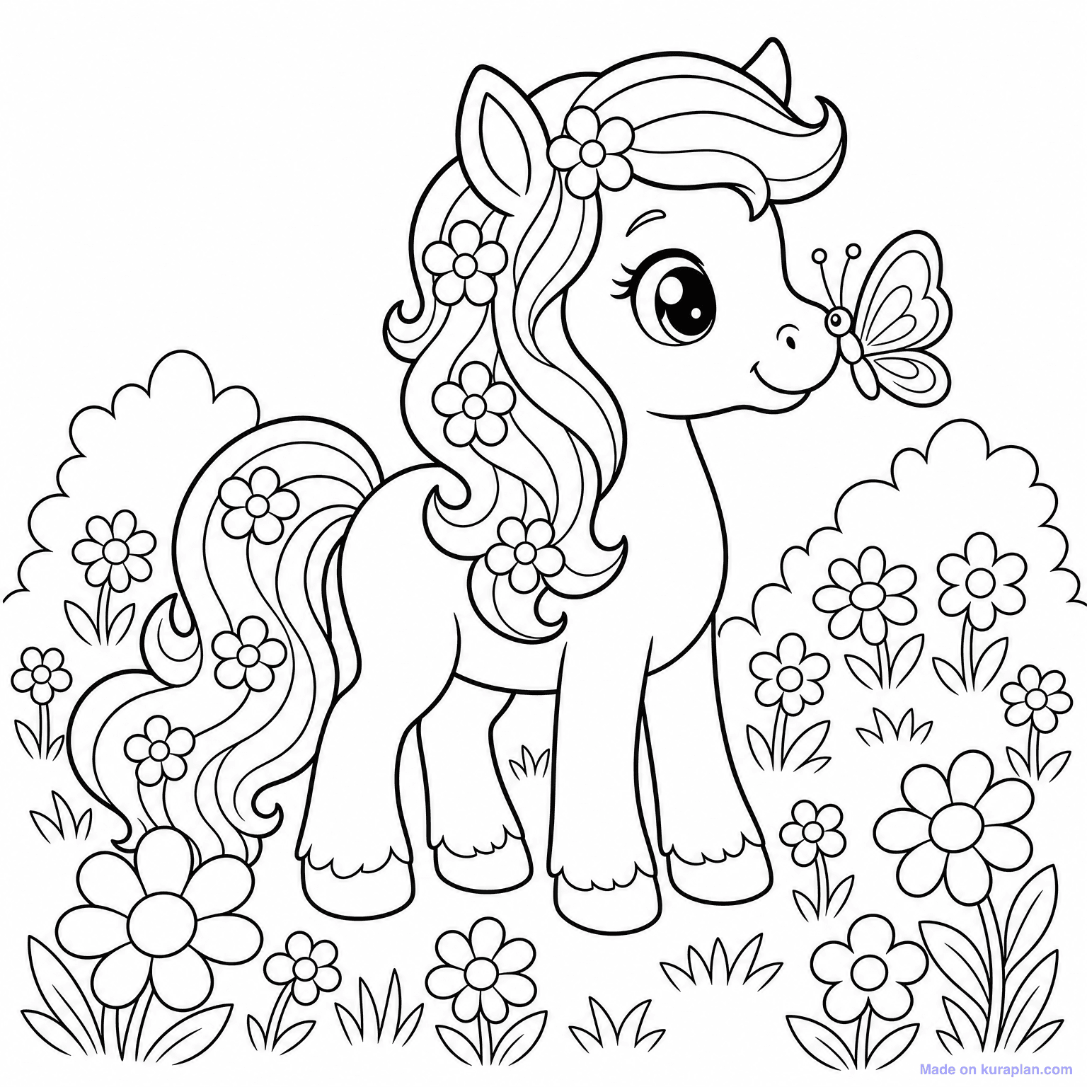 Cute Pony with Flowers — Coloring Page