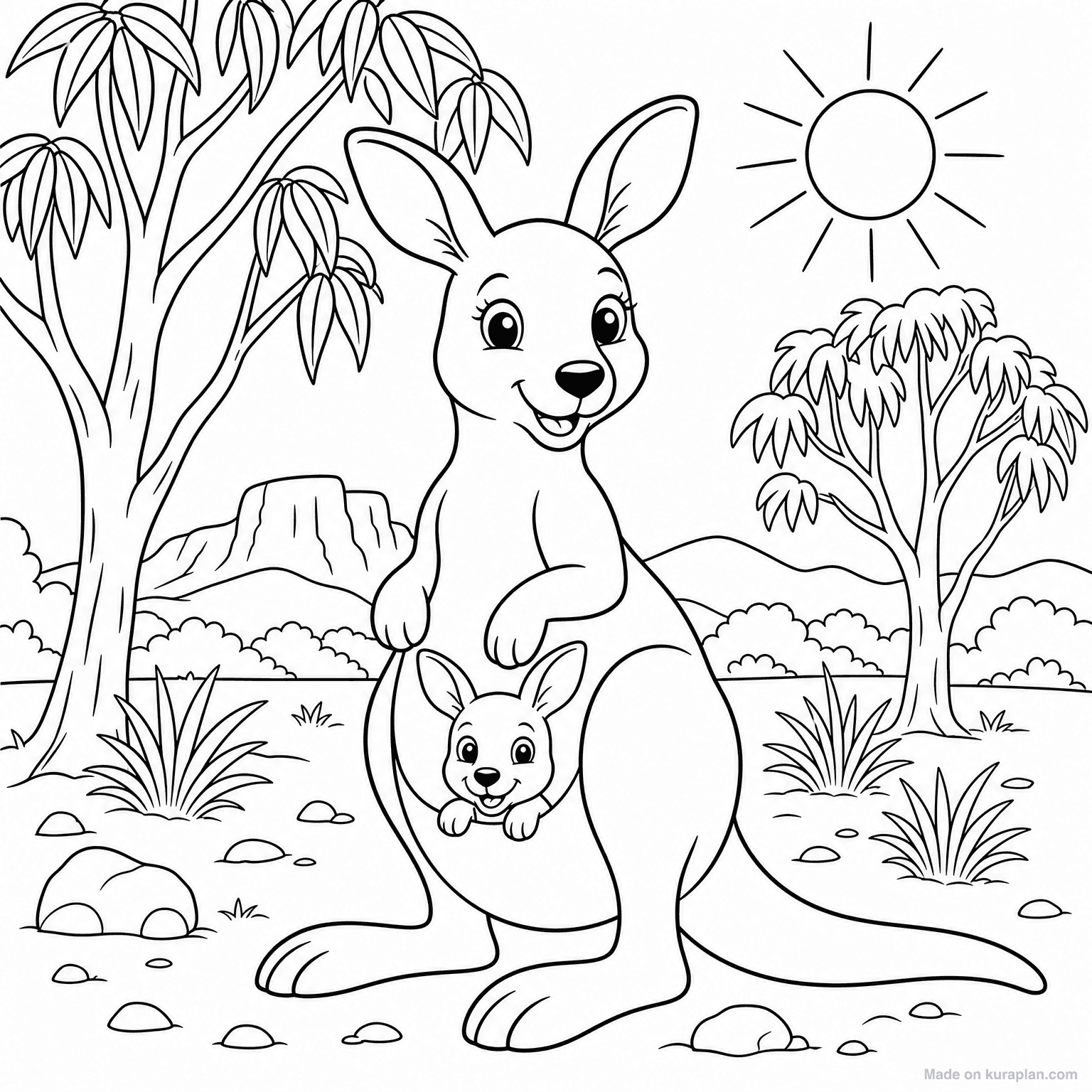 Kangaroo with Joey — Coloring Page