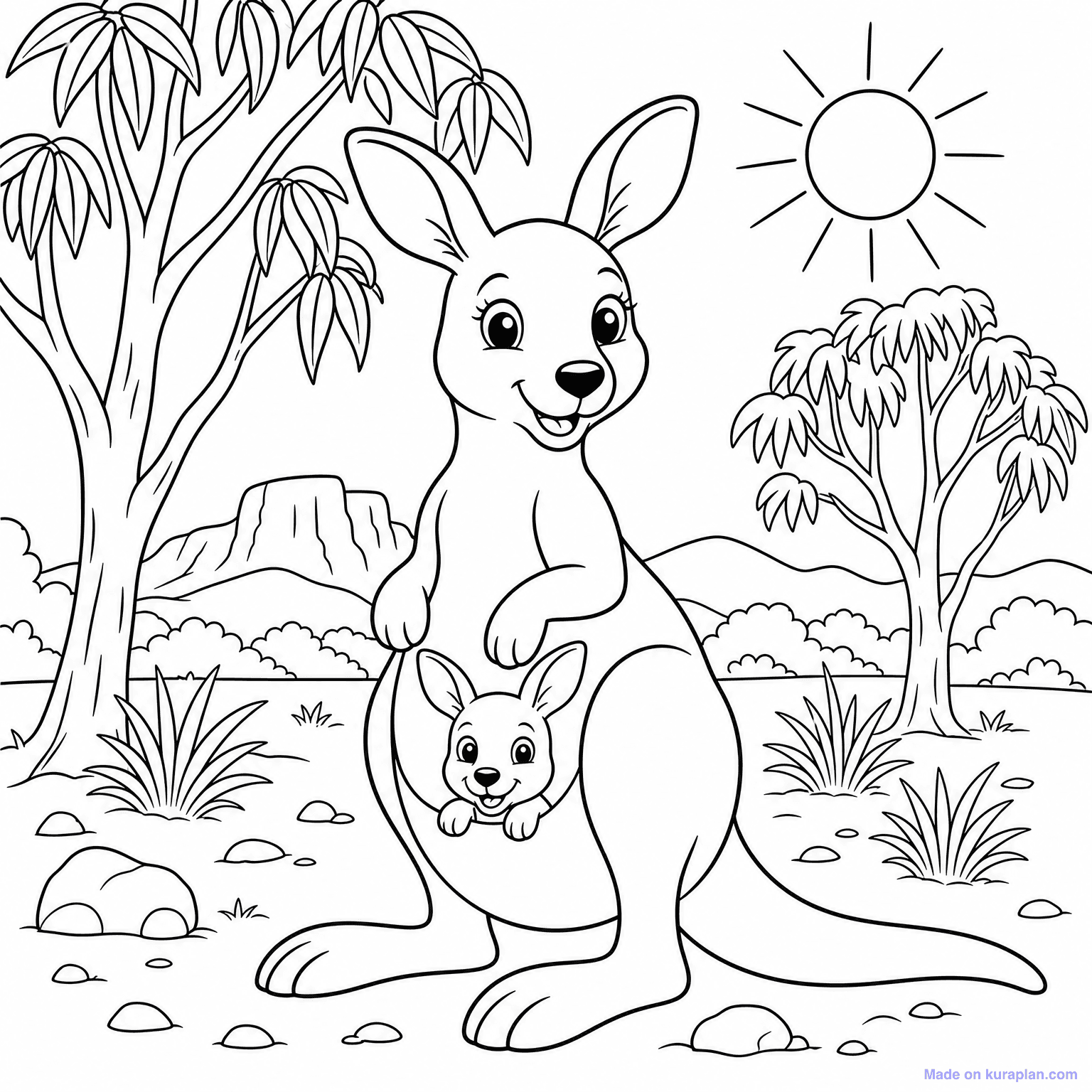 Kangaroo with Joey — Coloring Page