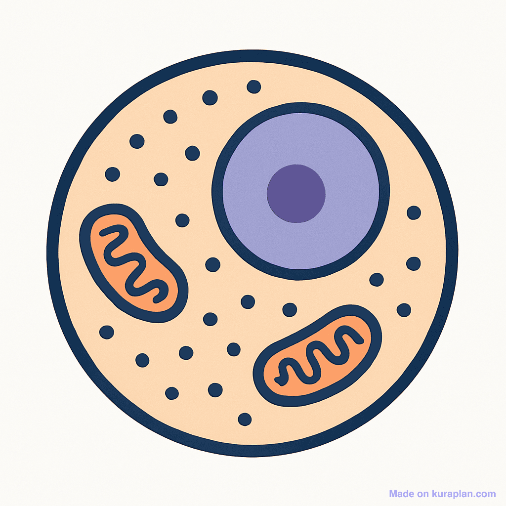 Unlabeled animal cell diagram showing the cell membrane, cytoplasm, nucleus with nucleolus, mitochondria and ribosome dots without labels