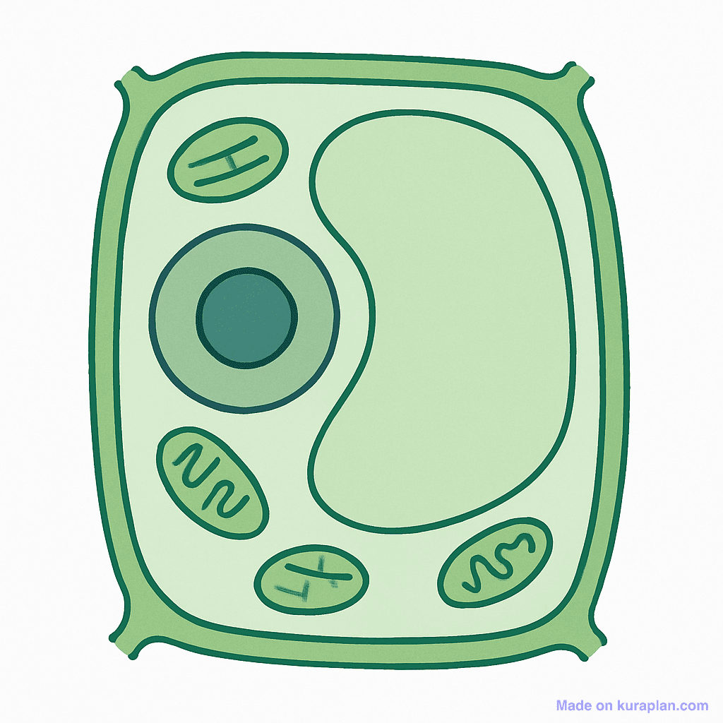 Unlabeled plant cell diagram showing the cell wall, nucleus, large central vacuole, chloroplasts and mitochondria without labels