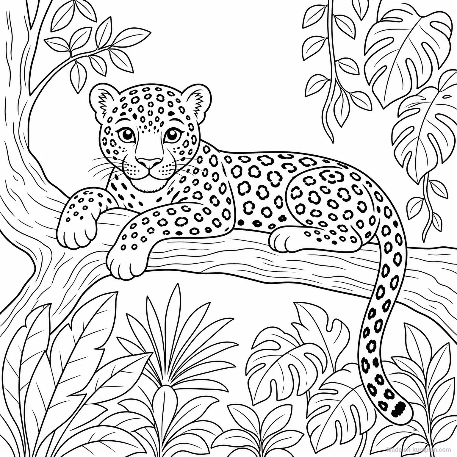 Leopard on Tree Branch — Coloring Page