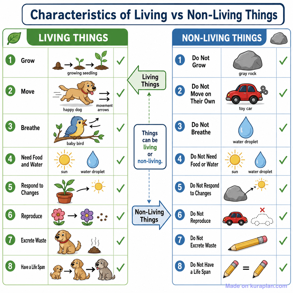Characteristics of Living vs Non-Living Things (detailed)