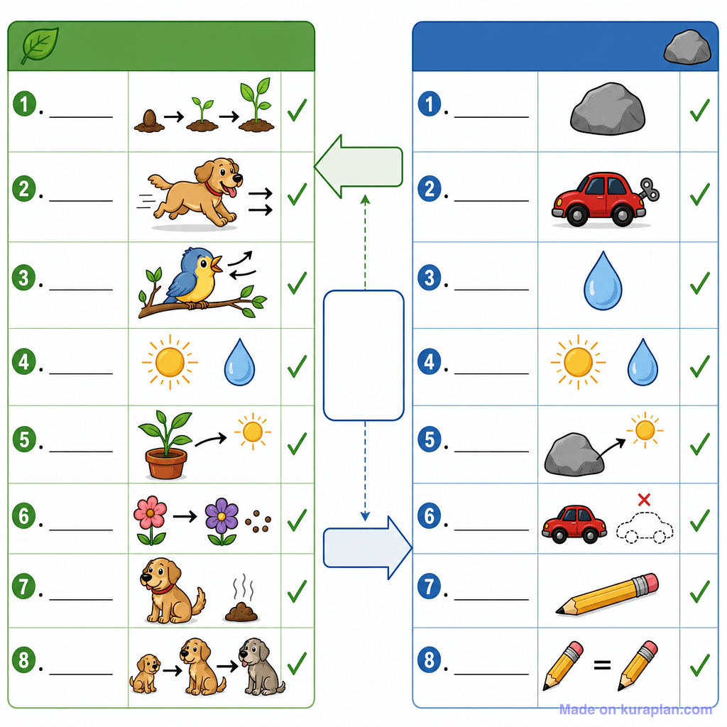 Characteristics of Living vs Non-Living Things (detailed, unlabeled)