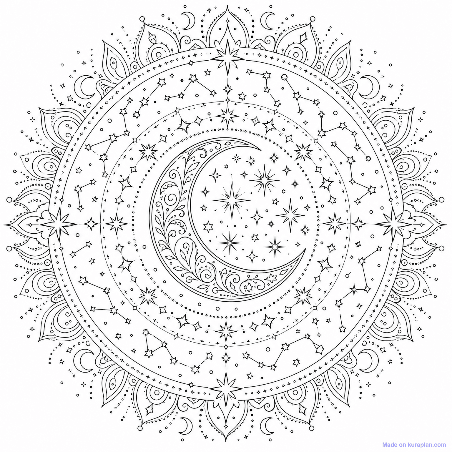 Moon and Stars Mandala — Coloring Page