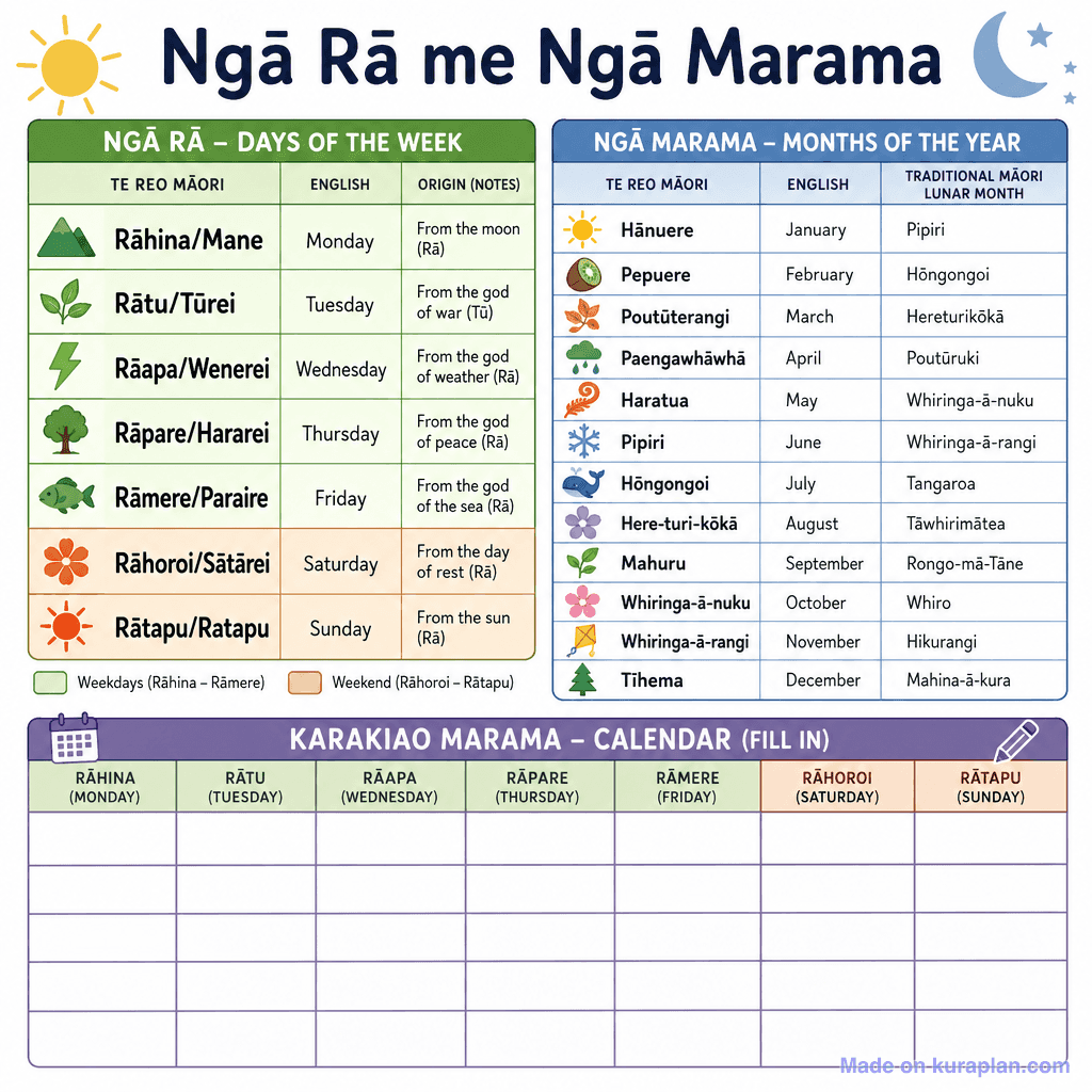 Ngā Rā me Ngā Marama — Days and Months in Te Reo Māori (simple)