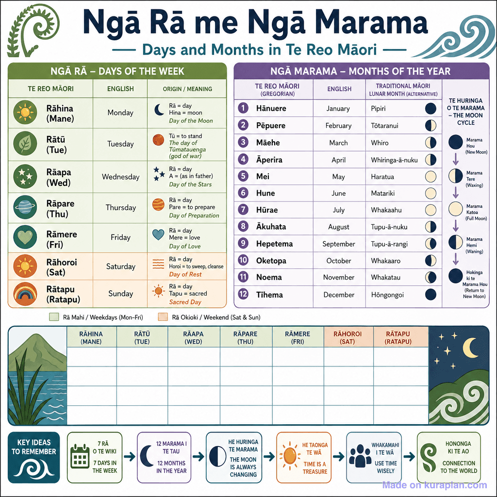 Ngā Rā me Ngā Marama — Days and Months in Te Reo Māori (detailed)