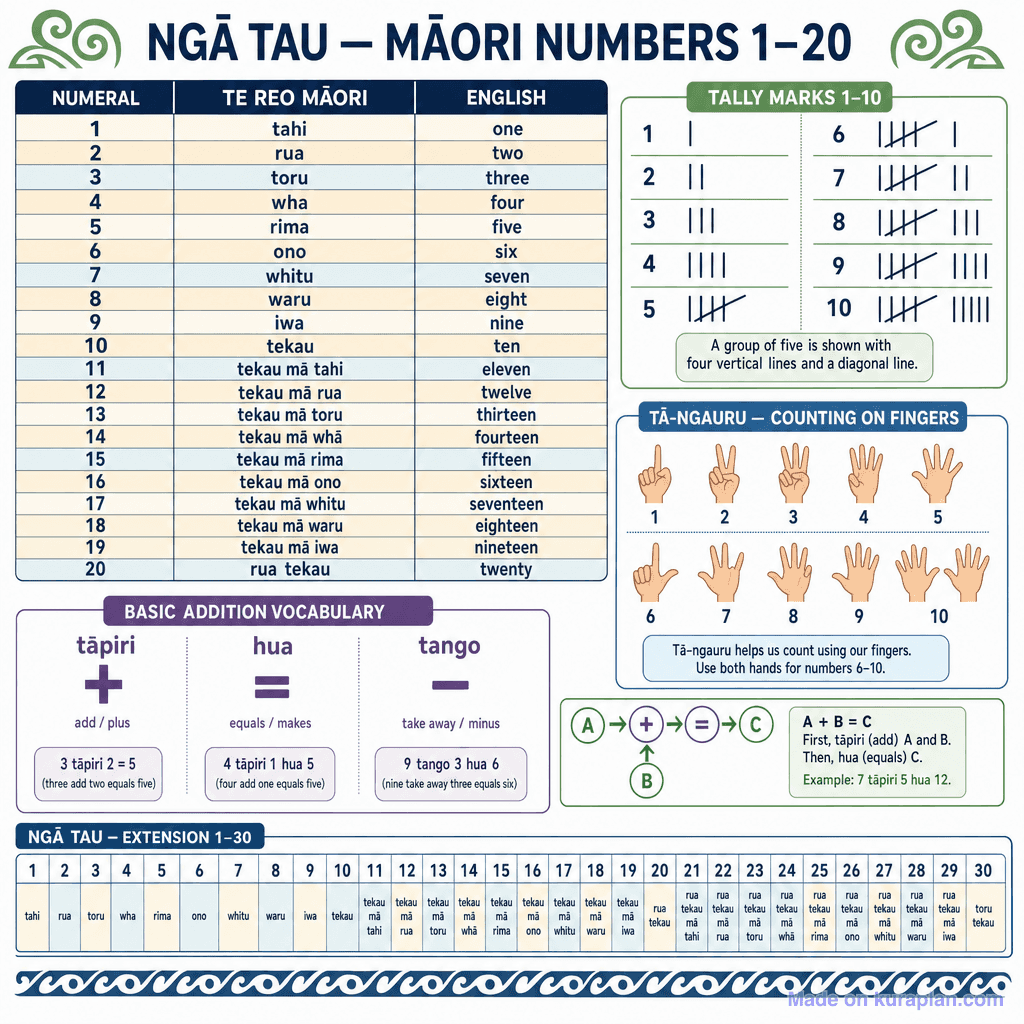 Ngā Tau — Māori Numbers 1–20 (detailed)