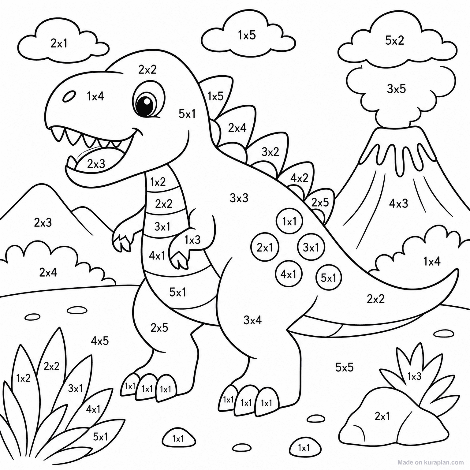 Color by Multiplication - Dinosaur — Coloring Page