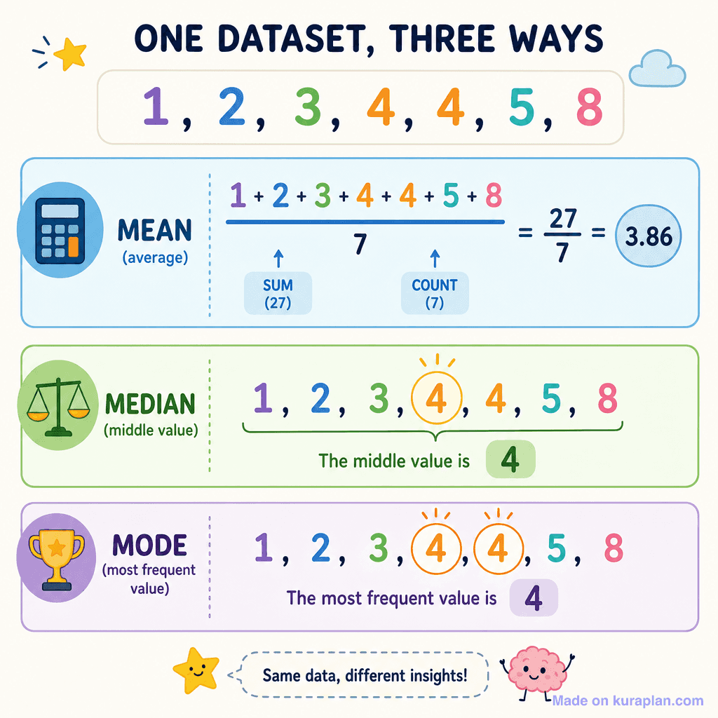 Mean, median and mode of one dataset