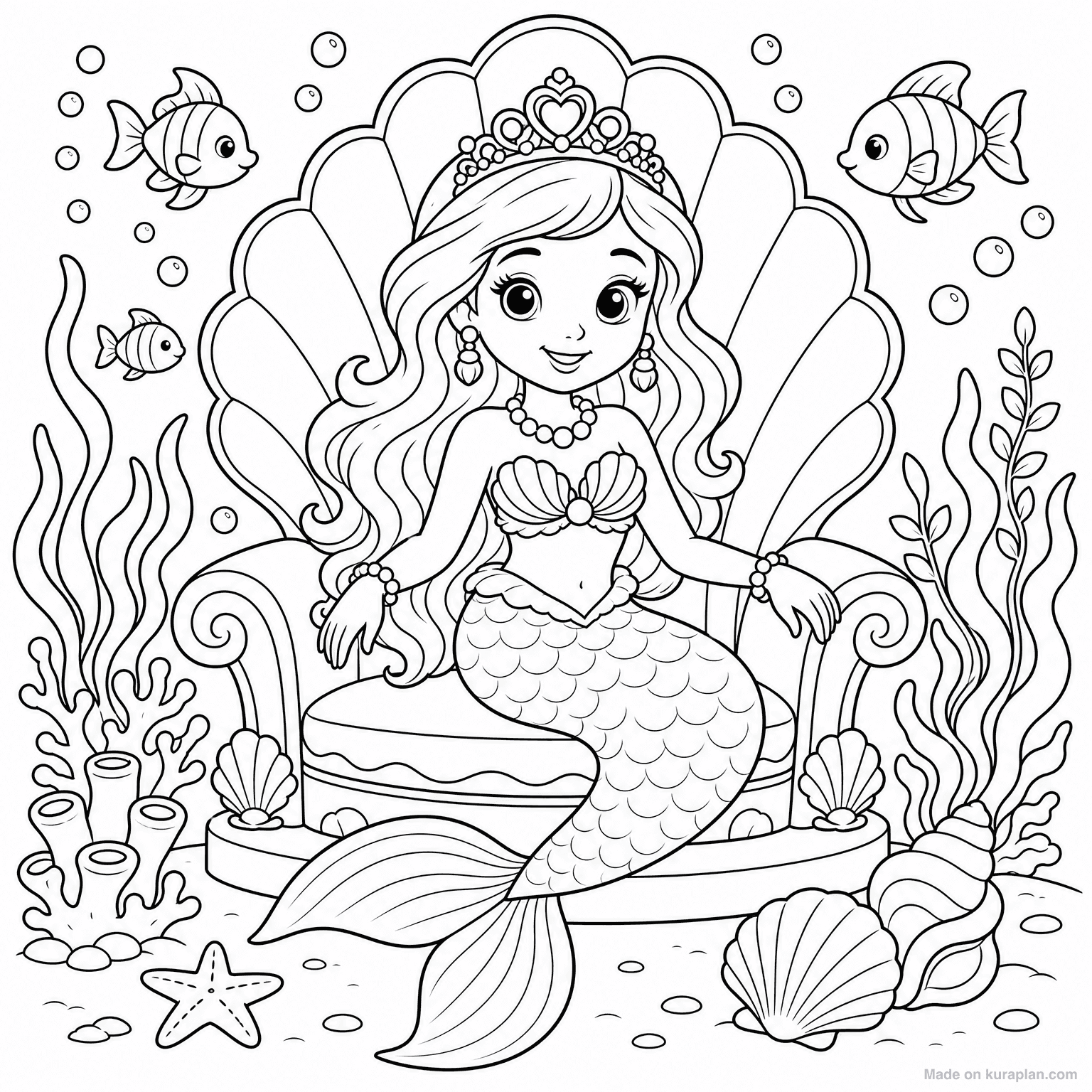 Mermaid Princess with Crown — Coloring Page