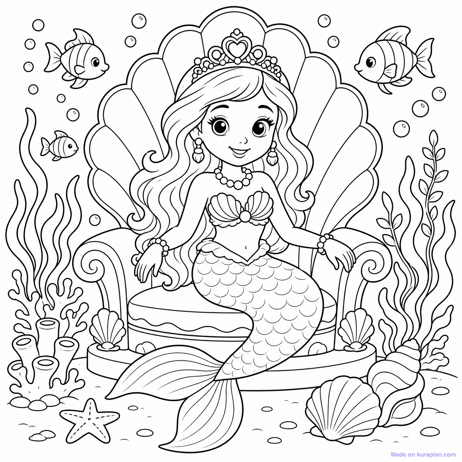 Mermaid Princess with Crown — Coloring Page