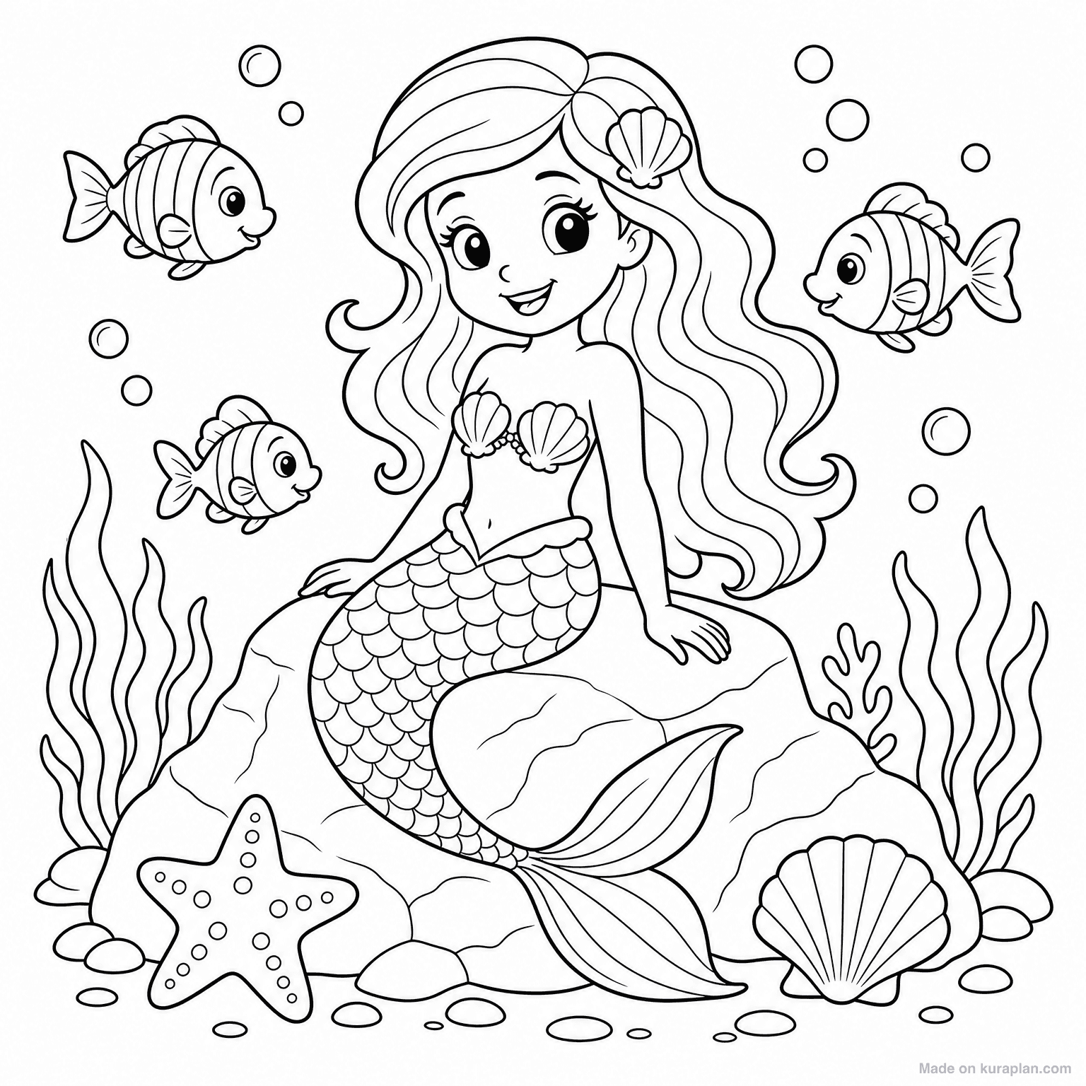 Mermaid on Rock — Coloring Page