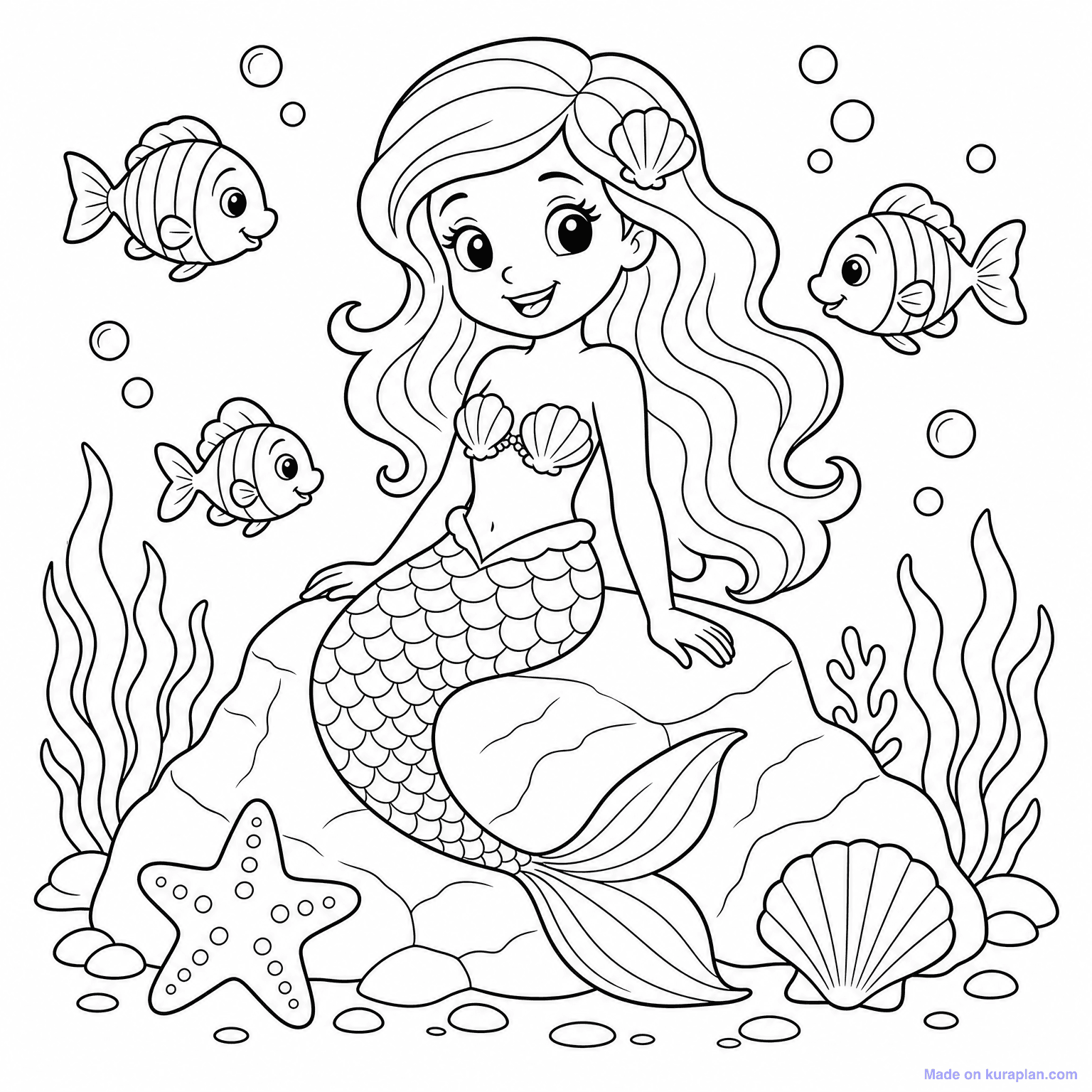 Mermaid on Rock — Coloring Page