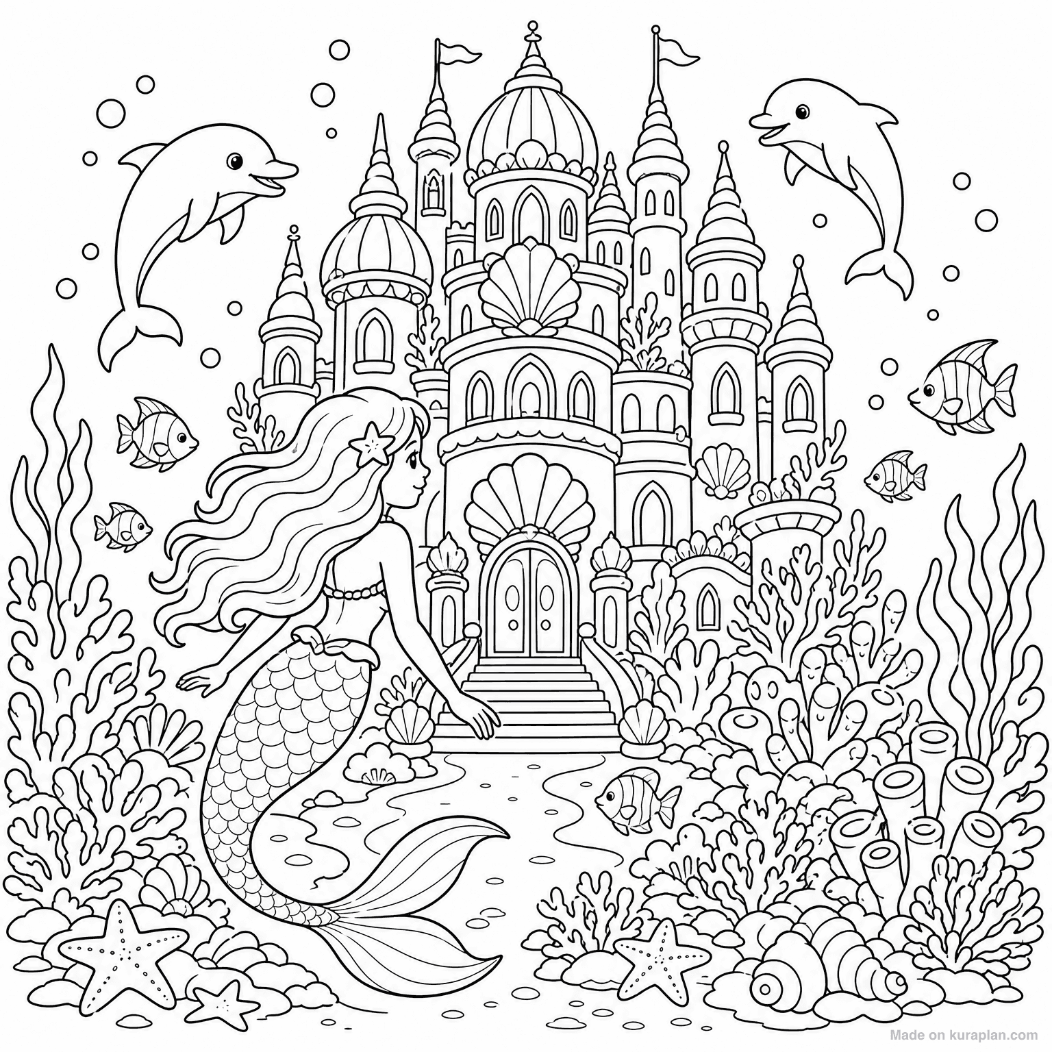 Mermaid Underwater Palace — Coloring Page