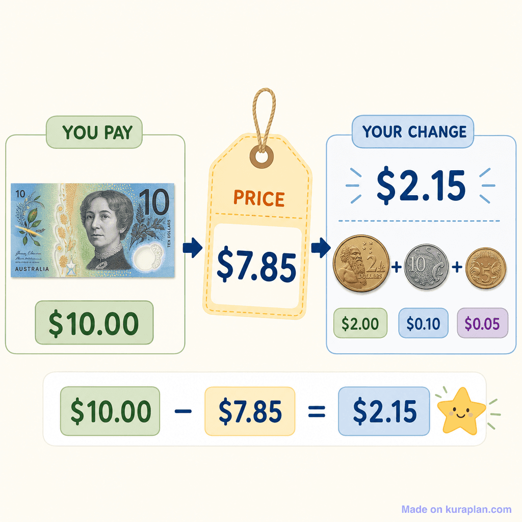 Money change calculation $10 − $7.85