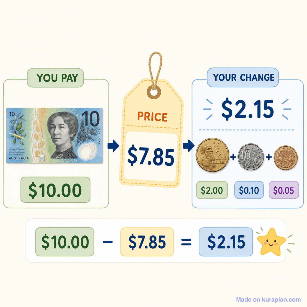 Money change calculation $10 − $7.85