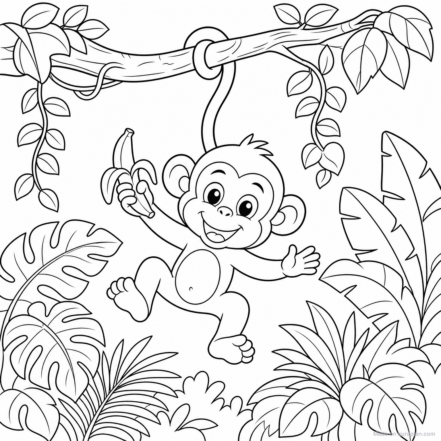 Monkey Swinging on Branch — Coloring Page