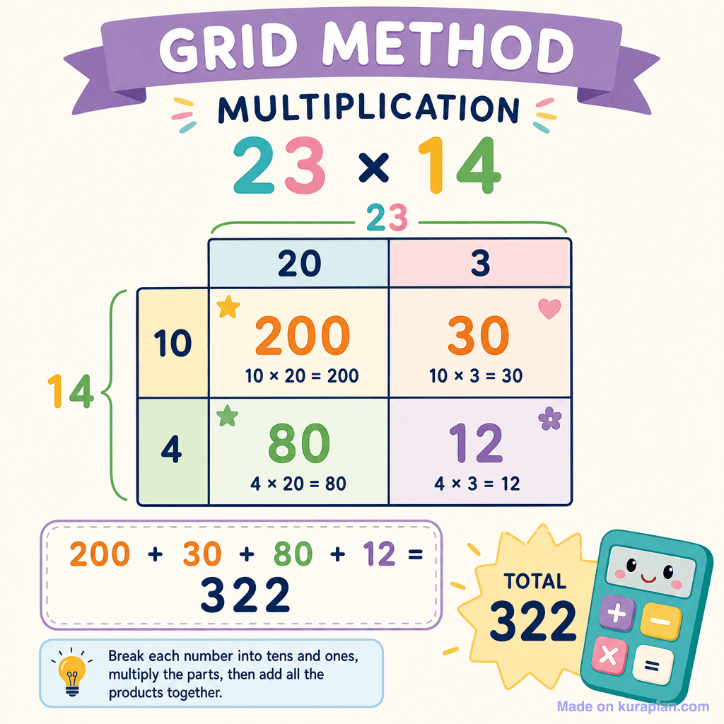 Grid method multiplication 23 × 14