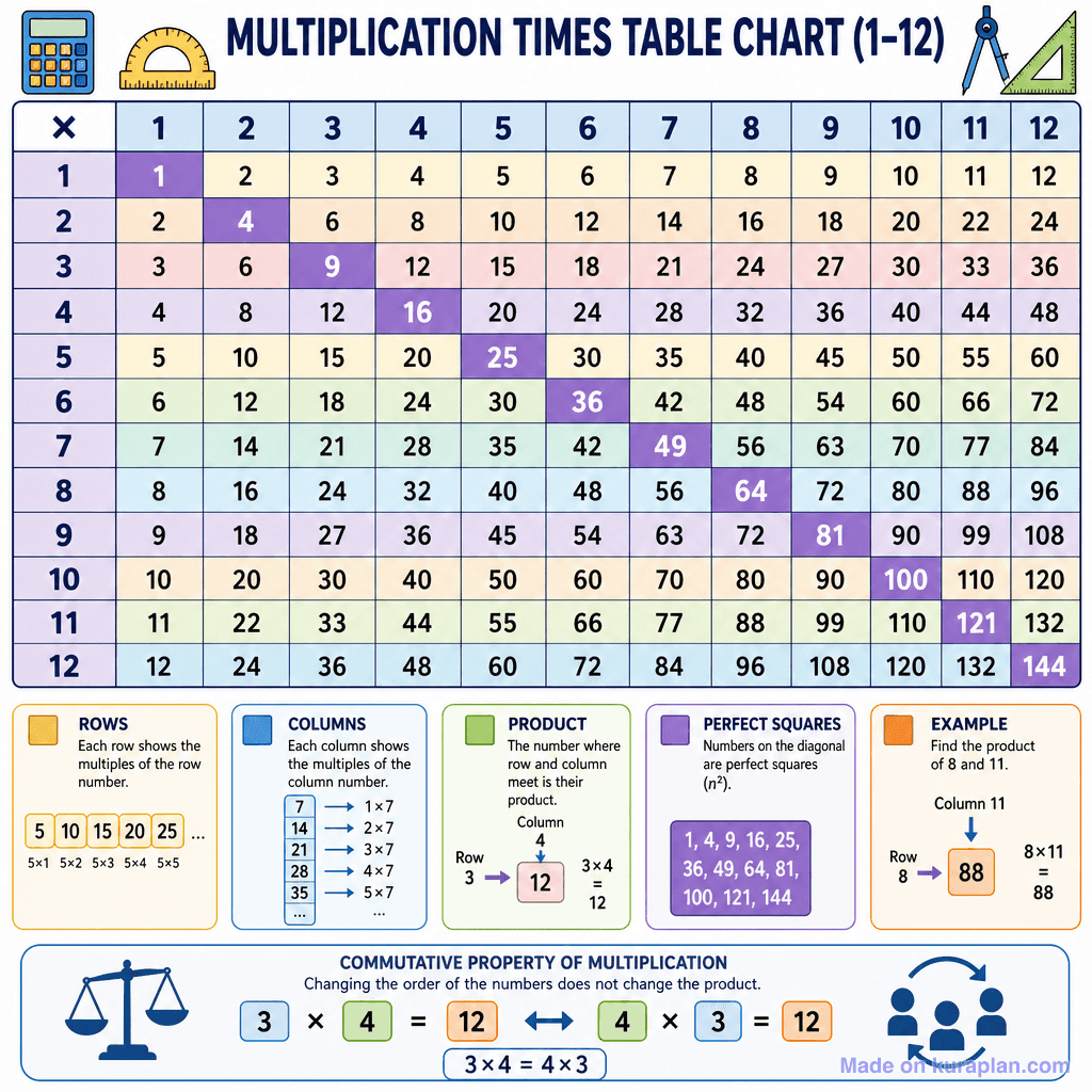 Multiplication Times Table Chart (1–12) (detailed)